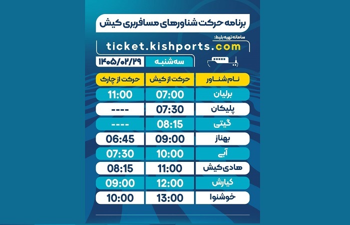 برنامه حرکت شناورهای مسافربری و حمل خودرو کیش، سه شنبه ۲۹ اردیبهشت برنامه حرکت شناورهای مسافربری و حمل خودرو کیش، سه شنبه ۲۹ اردیبهشت