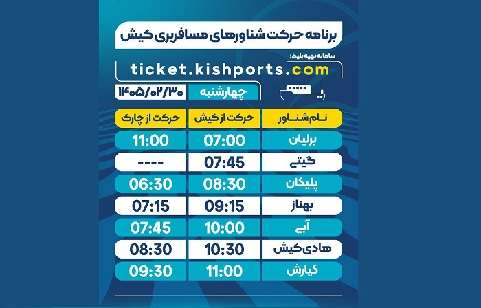 برنامه حرکت شناورهای مسافربری و حمل خودرو کیش، چهارشنبه ۳۰ اردیبهشت برنامه حرکت شناورهای مسافربری و حمل خودرو کیش، چهارشنبه ۳۰ اردیبهشت