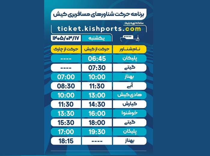 برنامه حرکت شناور‌های مسافربری و حمل خودرو کیش، یکشنبه ۱۷ خرداد