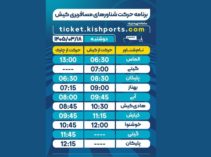 برنامه حرکت شناور‌های مسافربری و حمل خودرو کیش، دوشنبه ۱۸ خرداد