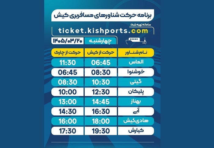 برنامه حرکت شناور‌های مسافربری و حمل خودرو کیش، چهارشنبه ۲۰ خرداد