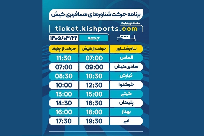 برنامه حرکت شناور‌های مسافربری و حمل خودرو کیش، جمعه ۲۲ خرداد