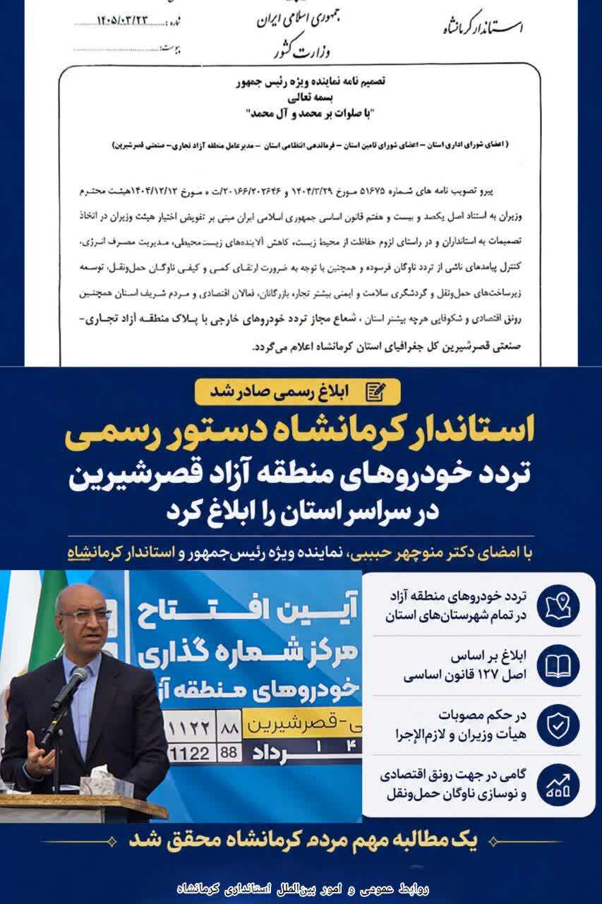 تردد خودرو‌های خارجی منطقه آزاد قصرشیرین، در سراسر استان مجاز است