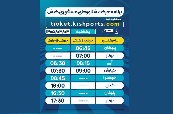 برنامه حرکت شناور‌های مسافربری و حمل خودرو کیش، یکشنبه ۳ خرداد