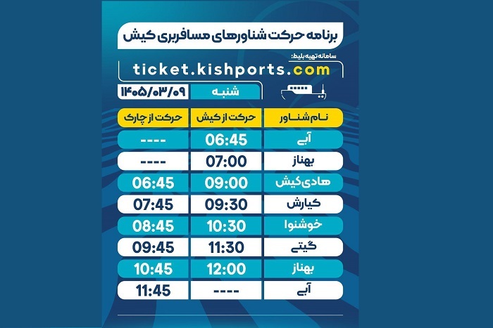 برنامه حرکت شناور‌های مسافربری و حمل خودرو کیش، شنبه ۹ خرداد