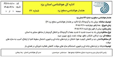 هشدار سطح زرد هواشناسی در استان یزد