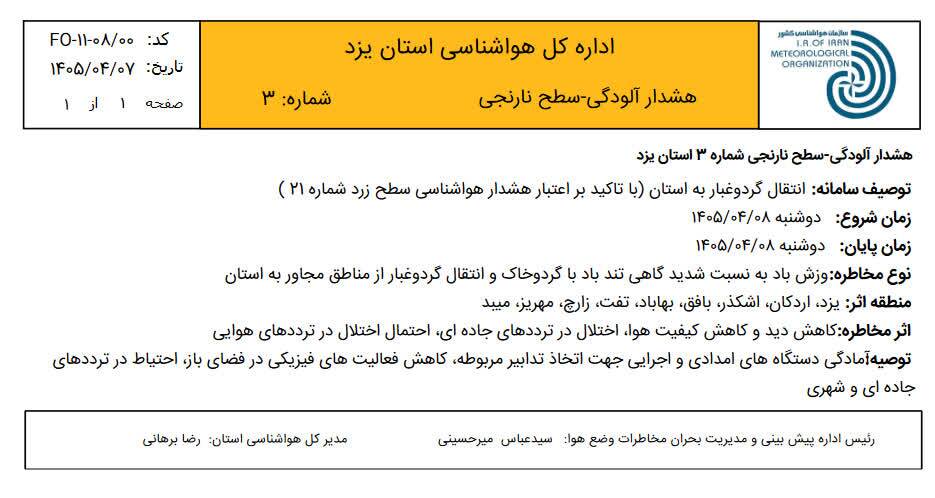 هشدار سطح نارنجی هواشناسی در استان یزد
